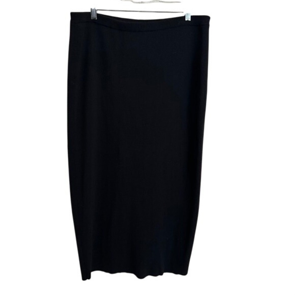 Eileen Fisher Italian Wool Knit Midi Pencil Skirt Black Elastic Waist Large